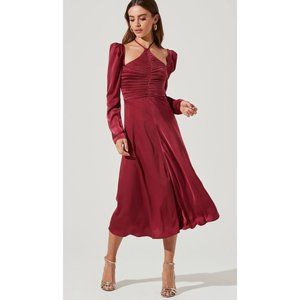 NWOT ASTR The Label Size M Cinched Halter Tie Satin Midi Dress in Wine MSRP $90